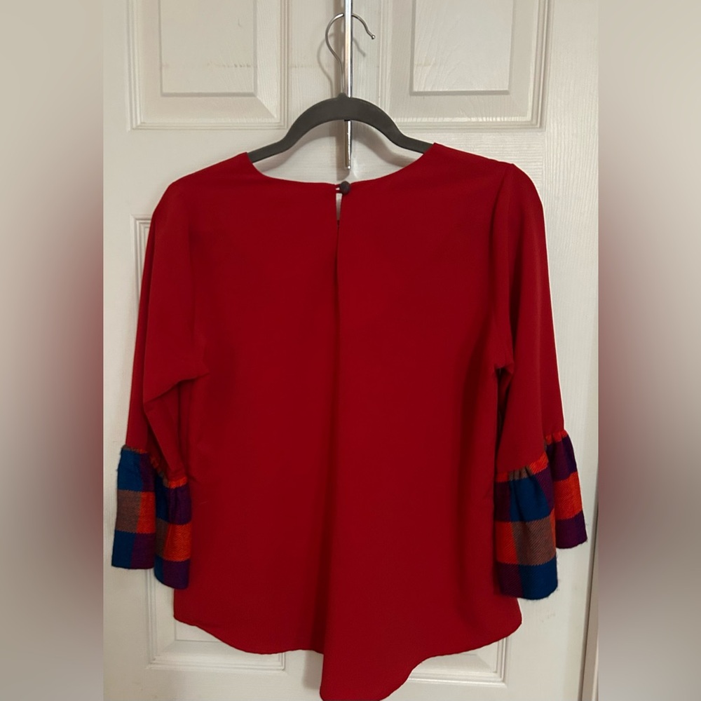 Elegant Red Blouse with Colorful Sleeves